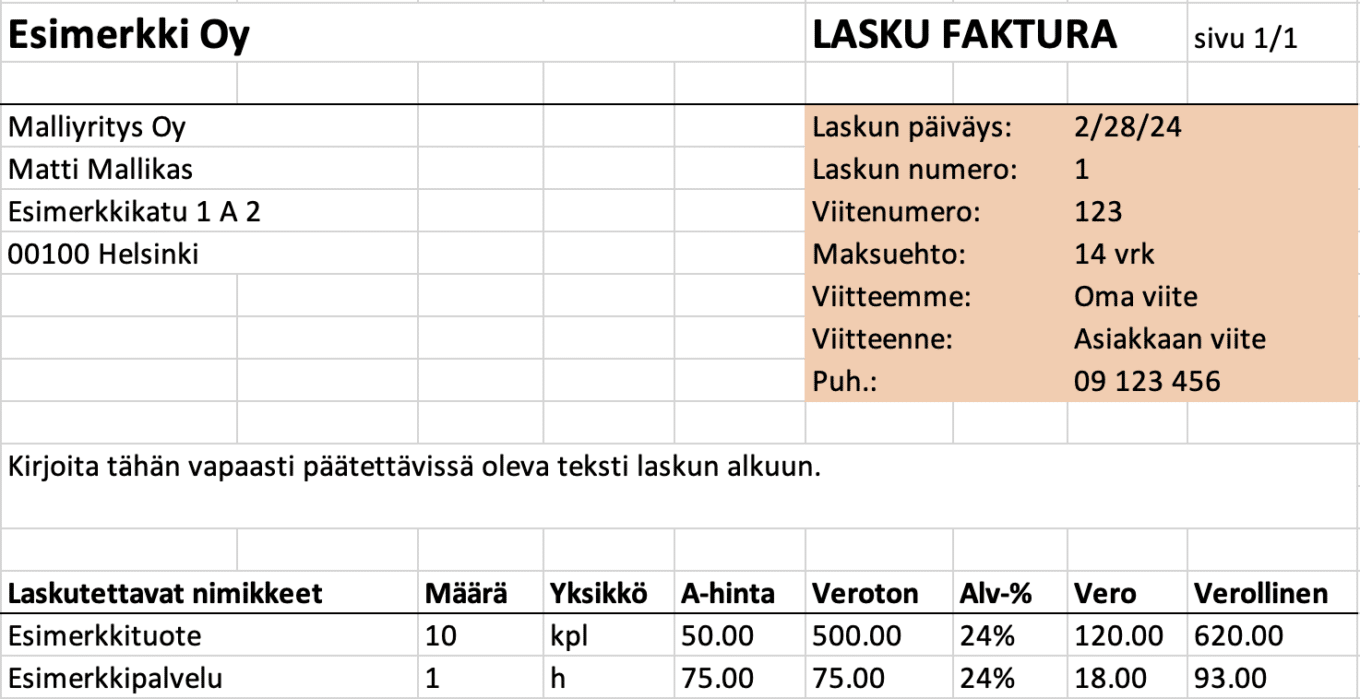 Excel-laskupohja